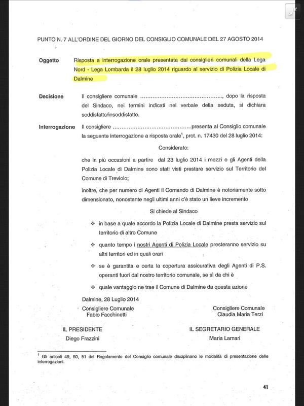 Punto 7: interrogazione eccellente Lega sul servizio della polizia locale di dalmine #opendalmine http://t.co/RklVPvodiL